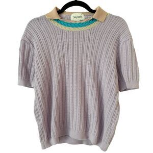 Saylient Lavender Purple Collared Short Sleeve Pullover Preppy Sweater Sz Medium